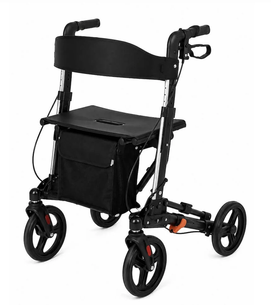 Rollator dewasa full hitam dengan dudukan dan rem tangan